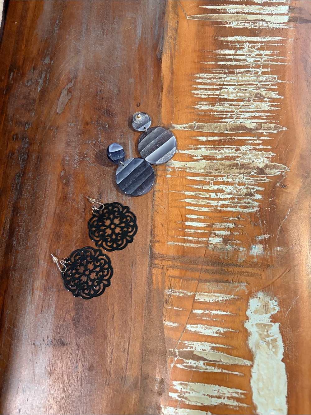 Two Pair Statement Earrings - Black Filigree & Striped Gunmetal Discs